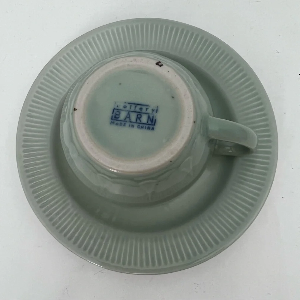 Pottery Barn Ribbed Cup and Saucer Set of 2 Sage Green Cottage Core